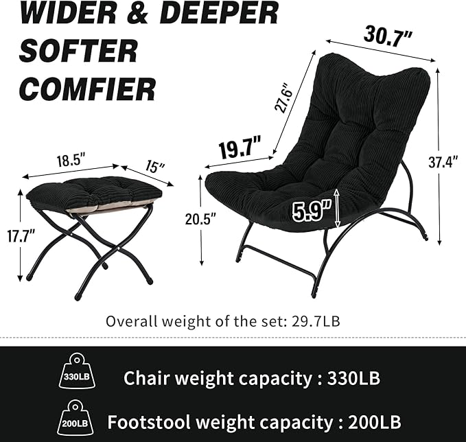 Welnow Modern Accent Chair with Ottoman, Upholstered Comfy Lounge Recliner Sofa, Thick Cushion Oversized Lazy Reading Chair with Footrest for Living Room, Bedroom, Apartment, Office, Dorm, Black