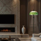 Tiffany Style Floor Lamp, 16" Stained Glass Green Leaf Shade with Antique Bronze Base, 2-Light E26 Pull Chain Standing Reading Light for Living Room, Bedroom, UL Listed, 16x16x64 Inches