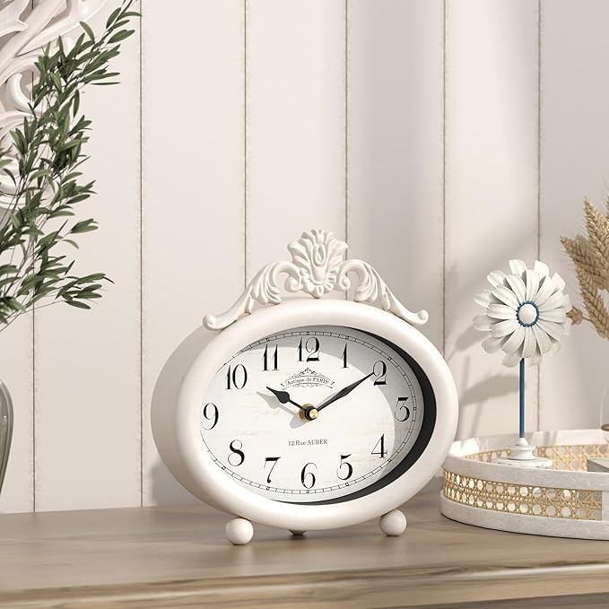 Vintage Table Clock, Desk and Shelf Decor Clock, French Rustic Antique Style White Mantel Clocks, for Farmhouse, Living Room, Bedroom, Bedside, Gift (7.87" H x 7.87" W)