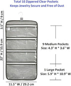 Hanging Jewelry Organizer with 10 Zippered Clear Pockets for Travel Suitcase and Home Closet Jewelry Storage Bag (GREY)