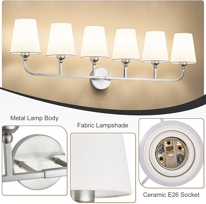 Kvhilw Bathroom Vanity Light, Brushed Nickel Bathroom Light Fixtures, 6-Light Lighting Fixtures Over Miror, Modern Wall Sconce with Flared White Fabric Shade, E26 Socket(ETL Listed)
