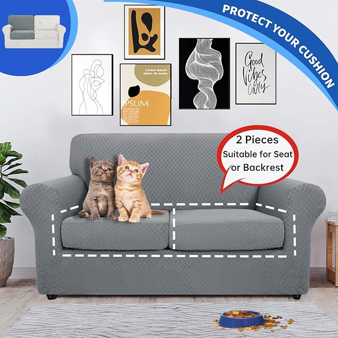 YEMYHOM Stretch Individual Cushion Covers Large Sofa Seat Cushion Slipcovers Soft Couch Cover Replacement Large Checkered Furniture Protector with Elastic Bottom (2 Pcs XL Cushion Covers, Light Gray)