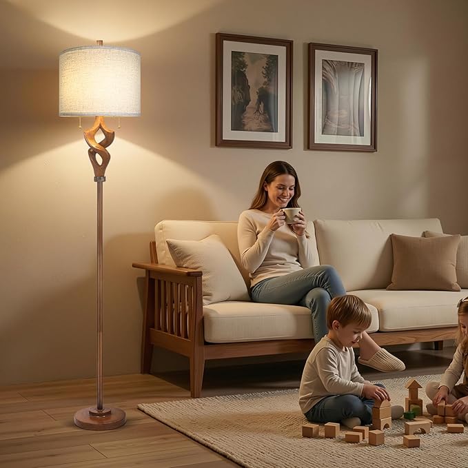 Scenekoy Sculptural 65.5” Floor Lamp for Living Room Bedroom, Bronze Wood Finish & Resin Body, Pull Chains Switch Standing Lamp, Brightness Adjustable Corner Lamp with Bulb Prefer for Home Office Bar