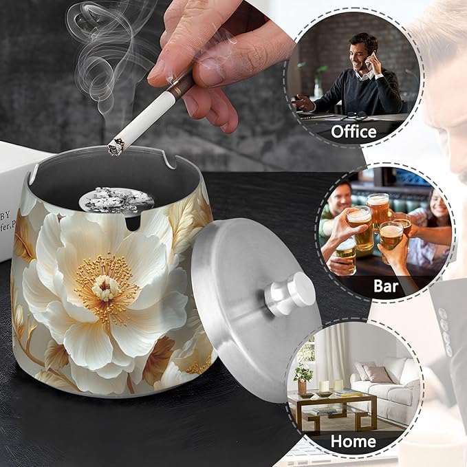 Parametric Floral Pattern Ashtray with Lid, Outdoor Ashtrays for Patio, Stainless Steel Ashtray Odorless Smokeless for Home Office Balcony