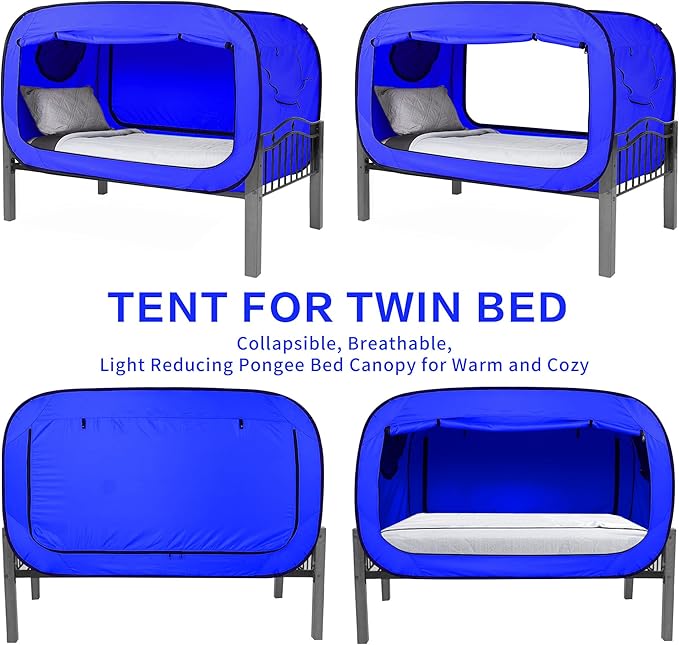 Bed Tent Twin Bed Canopy Portable Dream Tent for Adult Indoor Sleeping Tents with 2 Doors Breathable Private Space Tents, Blue