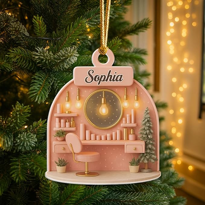 Personalized Pink Makeup Christmas Ornament 2025, Custom Acrylic Hanging Decoration, for Teen Girl, Beauty Artist Keepsake, Makeup Christmas Tree Ornament