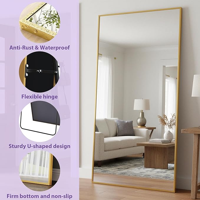 Full Length Mirror, 83"x44" Floor Mirror Freestanding, Oversized Floor Standing Full Body Mirror with Stand for Bedroom, Hanging Mounted for Living Room Cloakroom, Gold, Rect