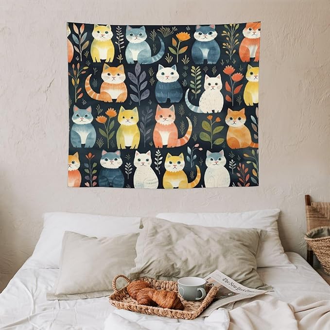 VUMIVI Cartoon Abstract Cat Tapestry Fun Cute Animals Plants Bohemian Modern Art Color Illustration Tapestry Wall Hanging for Living Room Bedroom Dorm Classroom Aesthetic Decor W60xL50in