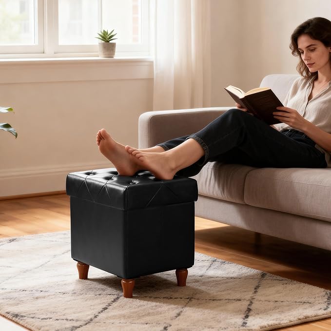 CAROLMADE Folding Storage Ottoman Cube PU Leather Footstool with Wood Legs Ottoman Footrest for Living Room and Bedroom Black, 15x12.6 x 15.4”