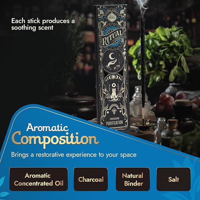 Ritual - Purification Incense Sticks, Purifying Comforting Aroma, 6 Sticks, 9 Inches Each, Natural Incense with Aromatic Concentrated Oil, Charcoal, Natural Binder & Salt - 1 Hour Burn Time