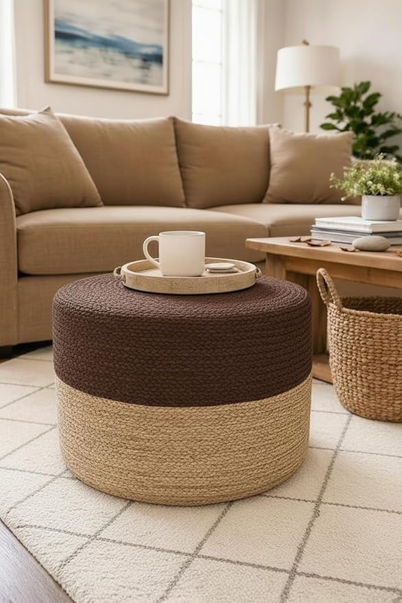 S & L Homes Pouf Ottoman - 100% Jute Braided Footrest Pouf Hand Knitted Traditional Cord Boho Pouffe for Living Room, Bedroom, Nursery, Patio, Lounge Colorblock - Natural Brown (18”x18”x12”)