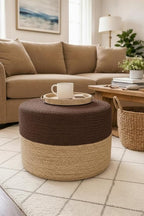 S & L Homes Pouf Ottoman - 100% Jute Braided Footrest Pouf Hand Knitted Traditional Cord Boho Pouffe for Living Room, Bedroom, Nursery, Patio, Lounge Colorblock - Natural Brown (18”x18”x12”)