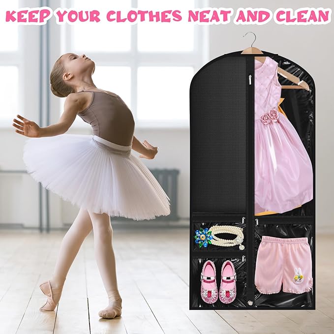 14 Pcs Garment Bags for Dance Costumes Clear PVC with Zippers 24 x 50 Inch Suits Bag with Pockets Dance Costume Organizer Carrier for Storage Cover for Adult(Black,Classic)