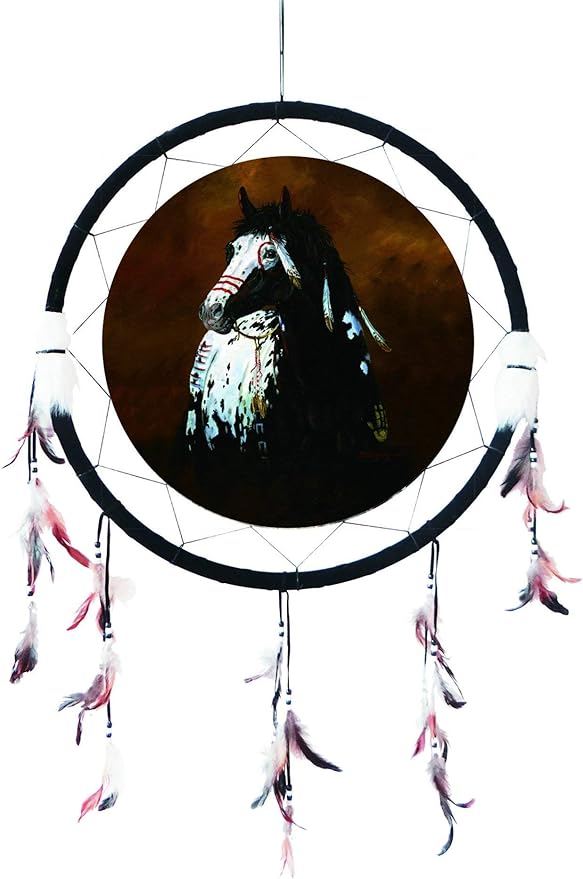 Kinnex Collections - 24” Medicine Shield Dream Catcher, Made with Wooden Beads and Real Feathers– DC24313– Decor/Gift (Horse)