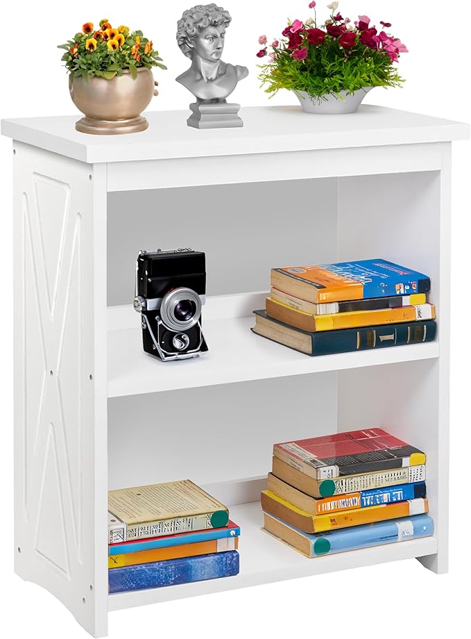 Natural Wood Bookshelf, 3 Tier Bookcase, Freestanding Display Storage Shelves Open Bookshelf for Bedroom, Living Room and Office (White, Table with Back)