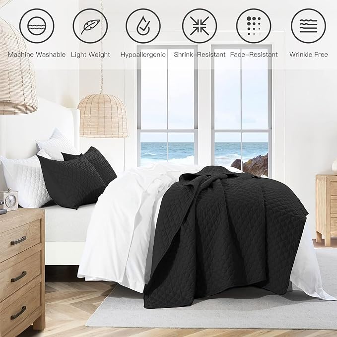 HORIMOTE HOME Quilt Set King Size, Black Bedspread with Clouds Pattern, Soft Coverlet Set Lightweight Microfiber Quilted Bedspread for All Season, Includes 1 Quilt and 2 Pillow Shams