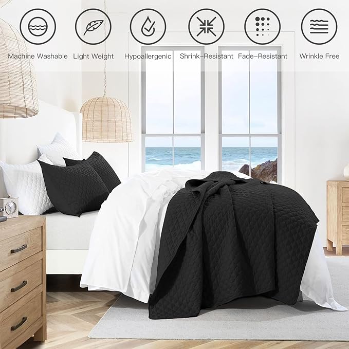 HORIMOTE HOME Quilt Set Twin Size, Black Bedspread with Clouds Pattern, Soft Coverlet Set Lightweight Microfiber Quilted Bedspread for All Season, Includes 1 Quilt and 1 Pillow Sham