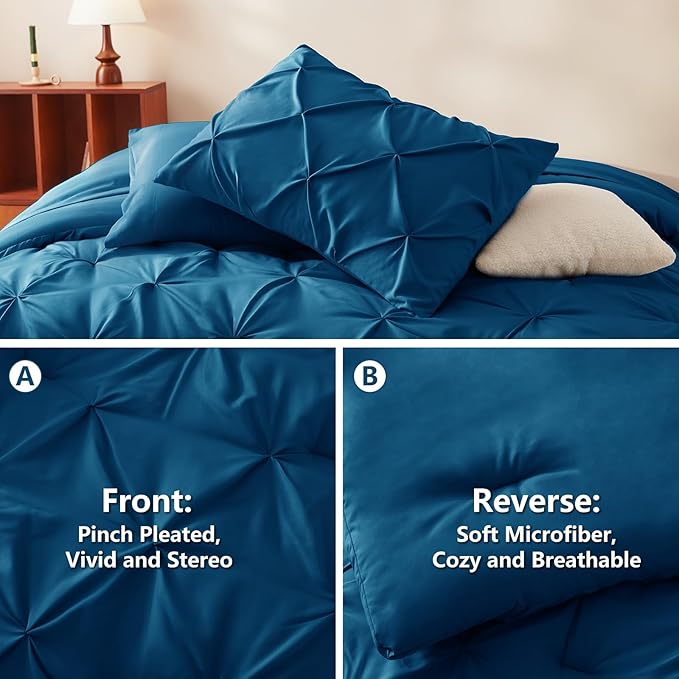 CozyLux Full Size Comforter Sets Teal, 7 Pieces Pintuck Bed in A Bag Teal Comforter Full Size, Pinch Pleat Bedding Sets with All Season Comforter, Sheets, Pillowcases & Shams