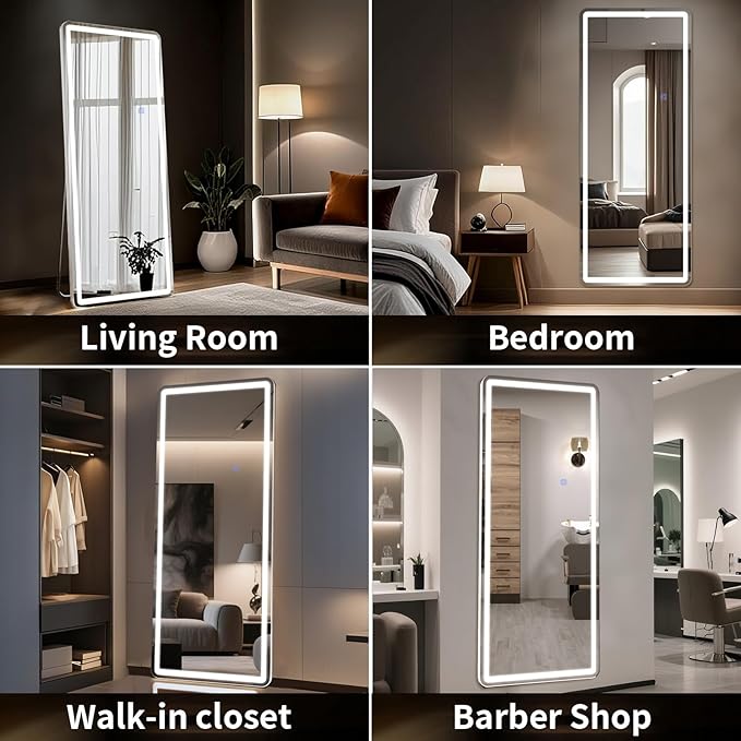 64"x21" LED Full Length Mirror – Standing Floor Mirror with Dimmable Lights 3 Color Modes – Adjustable Brightness, Wall-Mount or Lean for Barber, Fitness Center, Dressing Room, Vanity
