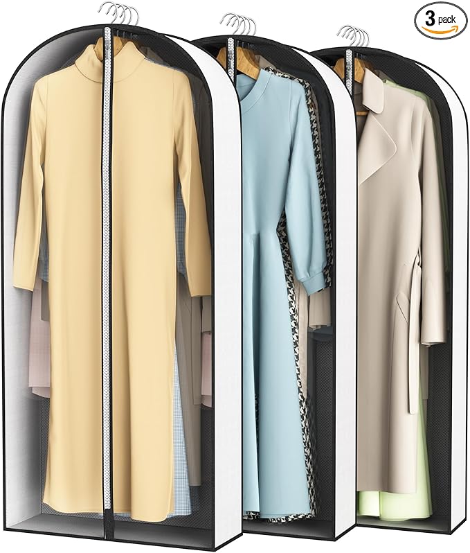50” Garment Bags for Hanging Clothes 4” Gusseted - with Clear Window, Breathable Fabric, Metal Zipper, Suit Coat Long Dress Protector for Clothes Closet storage, Season Off, Moving, 3 Pack