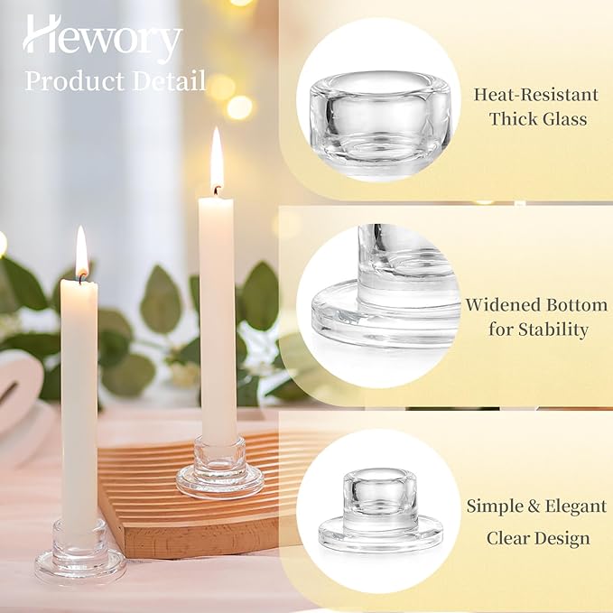 Hewory Glass Taper Candle Holders: 4 PCS Candlestick Holders Clear Short Tapered Candle Holder Set - Candle Stick Holder Decor for Table Centerpiece Wedding Party Advent Christmas Home Decorations