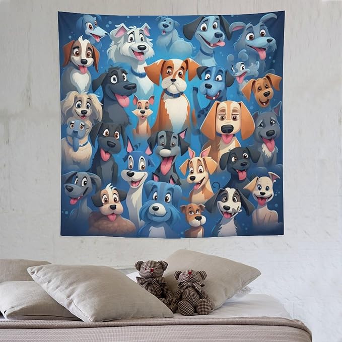 VUMIVI Cartoon Dog Tapestry Cute Puppy Pet Lovers Animal Theme Colorful Illustration Tapestry Wall Hanging for Living Room Bedroom Dorm Classroom Aesthetic Decor W60xL60in