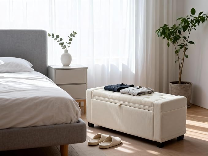Storage Ottoman Bench for Bedroom & End of Bed Seating, Upholstered Tufted Linen Bench with Hidden Storage & Safety Hinge, 43 Inch, 350 lb Weight Capacity, Linen Beige