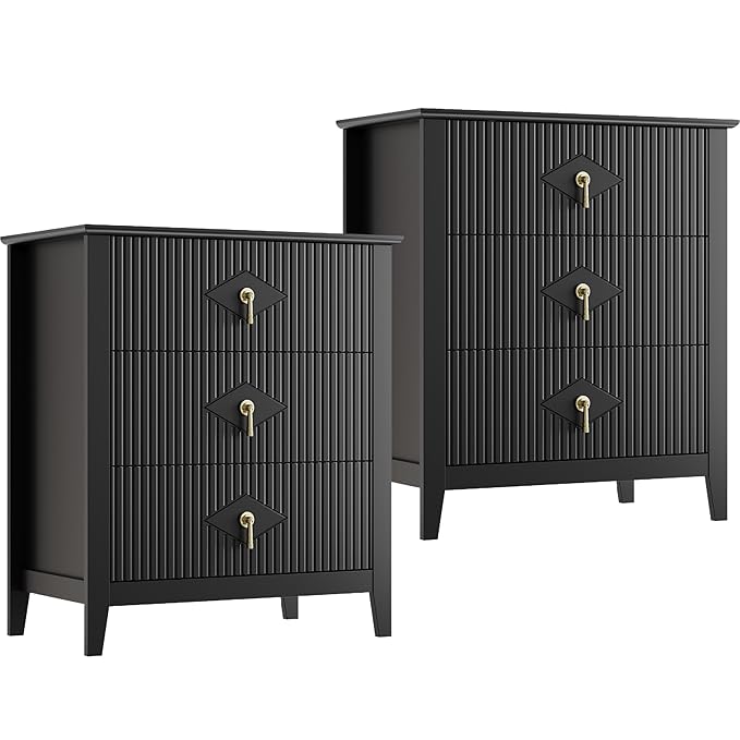 GarveeHome 2Pcs Wood Nightstand Fluted Dresser for Bedroom, 27.5" Wide 3-Drawer Bedside Tables, Modern Chest of Drawers, Storage End Table Living Room, Hallway, Entryway, Black