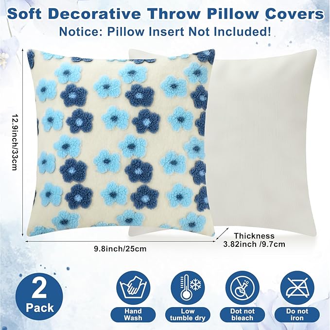 2 Pack Soft Embroidered Blue Flowers Throw Pillow Covers 18 x 18 Decorative Square Pillow Covers with Zipper Pillowcases Cute Faux Fur Plush Pillows Cover for Sofa Bedroom Living Room