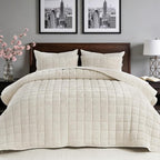 Greek Velvet Queen Quilt Set, 3× Softer Luxe Sheen, 100% Cotton Backing, 150GSM Down-Alternative Fill, Expanded 98×98" Coverage for Fuller Side Drape (1 Quilt + 2 Pillow Shams), Whisper White