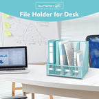 SUPEASY Magazine File Holder Desk Organizer, Metal Binder Holder with 4 Vertical Compartments for Office Home School, Blue