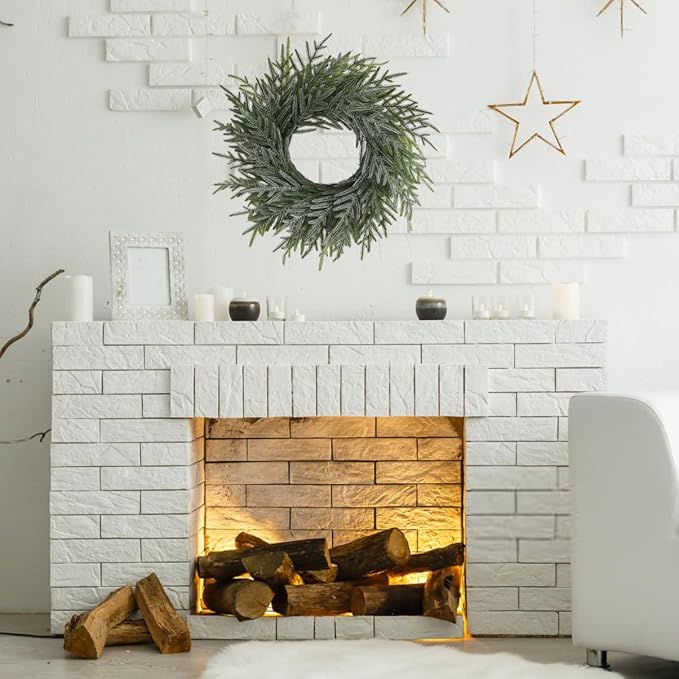 20 Inch Norfolk Pine Winter Wreath (Green & White) - Artificial Pine Greenery Christmas Winter Wreaths for Front Door Porch Wall Window Porch Fireplace Indoor Outdoor Decor Decorations