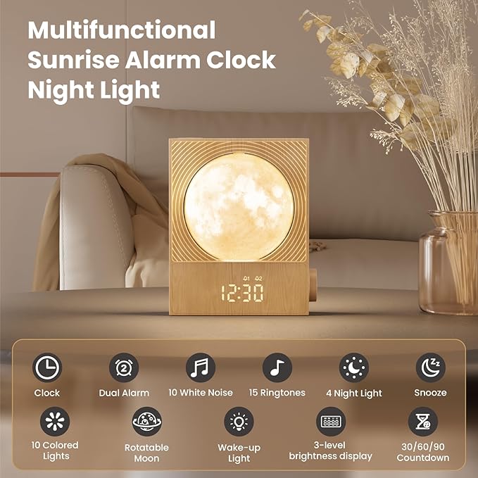 Sunrise Alarm Clocks for Heavy Sleepers,Rotatable Moon Light with Gentle Wake-Up,Clock Night Lamp for Bedrooms - Snooze,10 Light Effects,10 Nature Sounds,15 Ringtones for Adults,Kids,Nursery