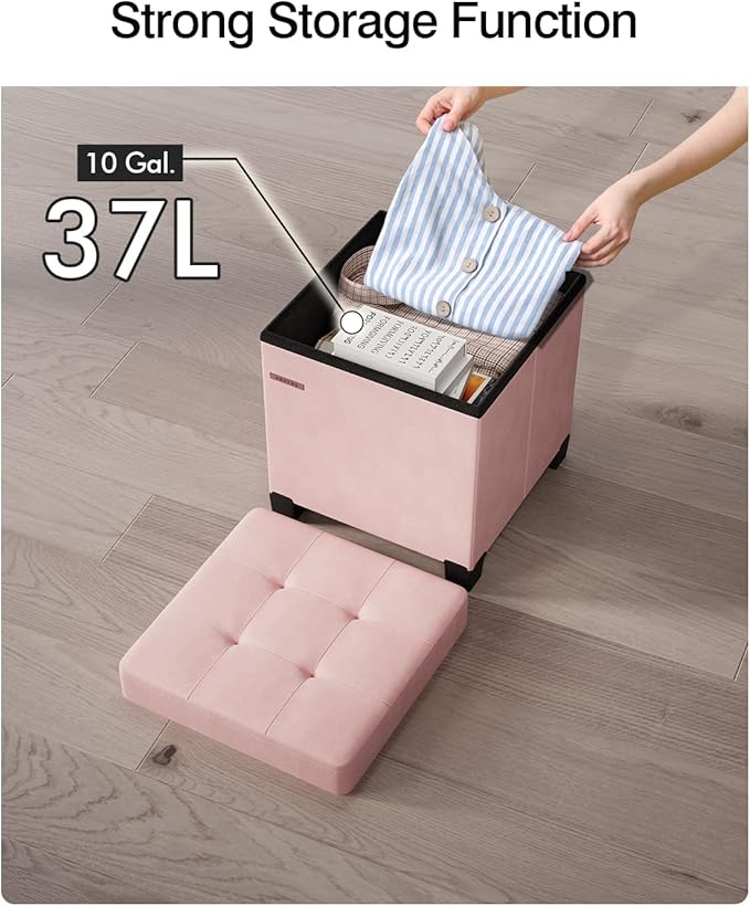 Cube Storage Ottoman, Velvet Foot Stool with Feet, Folding Storage Bench, End of Bed Bench, Chest, for Living Room, Bedroom and Office, 15 x 15 x 15.7 Inches, Jelly Pink, ASND22P