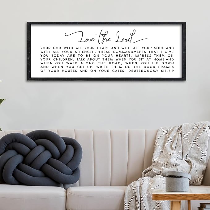 Surfapans Bible Verse Wall Decor Love The Lord Your God sign 32"×12" Christian Scripture Faith Deuteronomy 6:5-7,9 Religious Baptism Large Family Plaque Horizontal Wood Framed Hanging Art (Black)