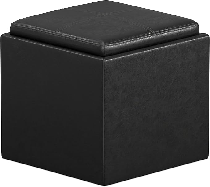 SIMPLIHOME Rockwood Cube Storage Ottoman with Tray - 17 inch Wide Upholstered Vegan Leather Square Storage Ottoman in Distressed Black, Contemporary Cube Ottoman for Living Room with Serving Tray