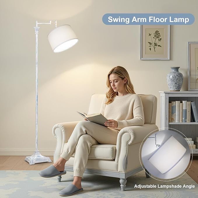 Scenekoy Rustic 68″ Tall Floor Lamp for Living Room Bedroom, Washed Blue Finish, Remote Control, 350º Adjustable Swing Arm, Smart LED Standing Lamp with Linen Shade, Decor for House Home Office