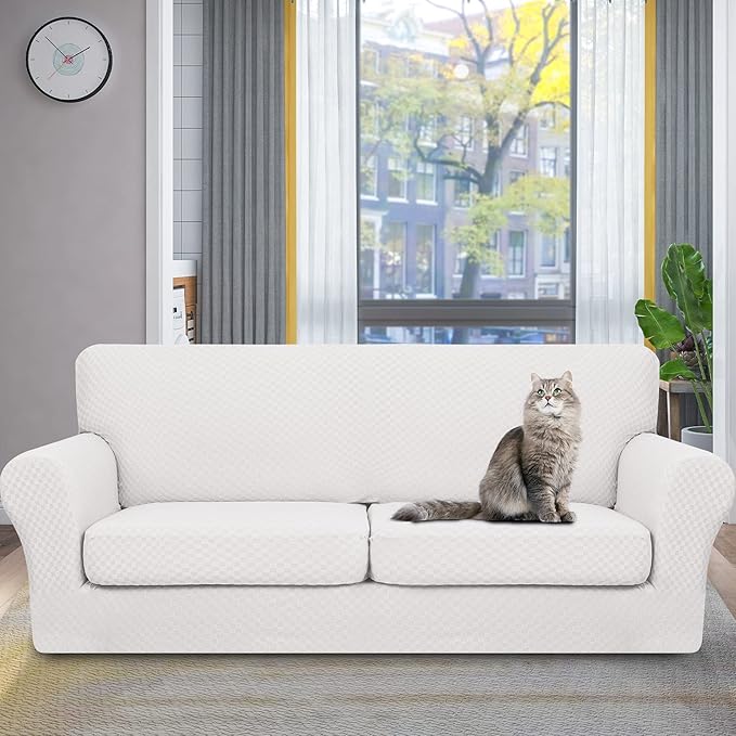 YEMYHOM Latest Checkered 3 Pieces Couch Covers for 2 Cushion Couch High Stretch Sofa Cover with 2 Extra Large Seat Cushion Covers Anti Slip Elastic Slipcovers (XL Loveseat, White), 71"-91"(2 CUSHIONS)