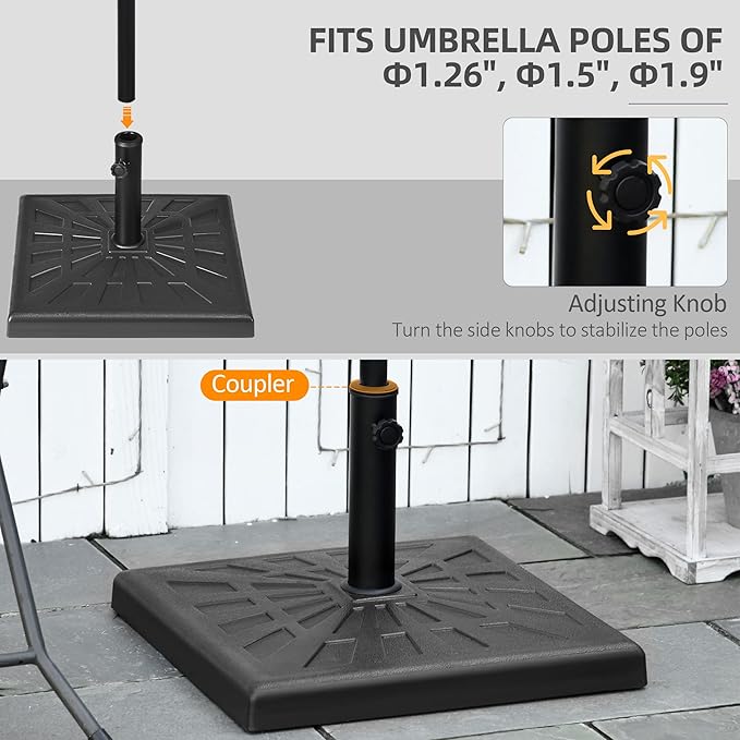 Outsunny 42lbs Resin Patio Umbrella Base, 20" Square Outdoor Umbrella Stand Holder for Parasol Poles 1.26", 1.5", and 1.9" Dia