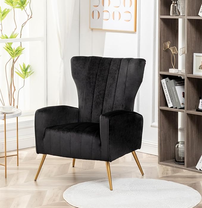 Modern Velvet Accent Chair, Channel Tufted Bedroom, Office or Living Room Furniture with Elegant Metal Legs, 26" Wide Armchair, Black