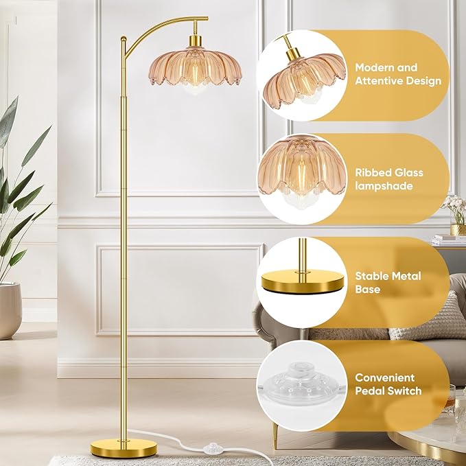 Gold Floor Lamp for Living Room with Remote,Unique Vintage Standing Tall Lamp,Mid Century Modern Floor Lamps Arc Glass Floor Lamps for Office Corner