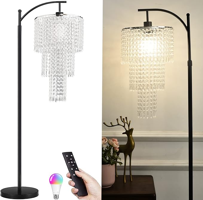 Arc Floor Lamp for Living Room Modern Floor Lamp with Remote Control,Dimmable Crystal Floor Lamps Black Standing Lamp with 10 Color Temperature Tall Chandelier Floor Lamps for Bedroom Corner