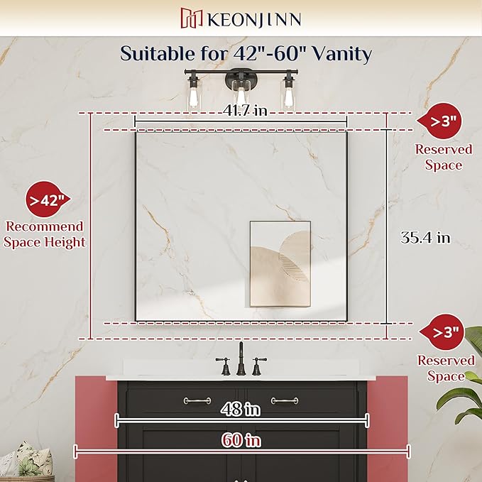 Keonjinn 42 x 36 in Brushed Nickel Mirror for Bathroom Sink, Rectangular Metal Framed Vanity Wall Mirror Square Corner Aluminum Alloy Modern Rectangle Silver Mirror for Over Sink(Horizontal/Vertical)