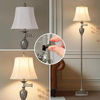 Traditional LED Floor Lamp with 350° Adjustable Swing Arm Lamp – Vintage Standing Pole lamp for Living Room, Bedroom and Office – Rustic Upright Floor Light for Home Décor with Silk Fabric Shade