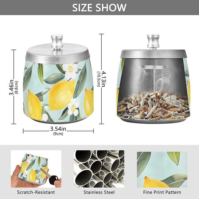 Lemon White Flowers Blue Pattern Ashtray with Lid, Outdoor Ashtrays for Patio, Stainless Steel Ashtray Odorless Smokeless for Home Office Balcony