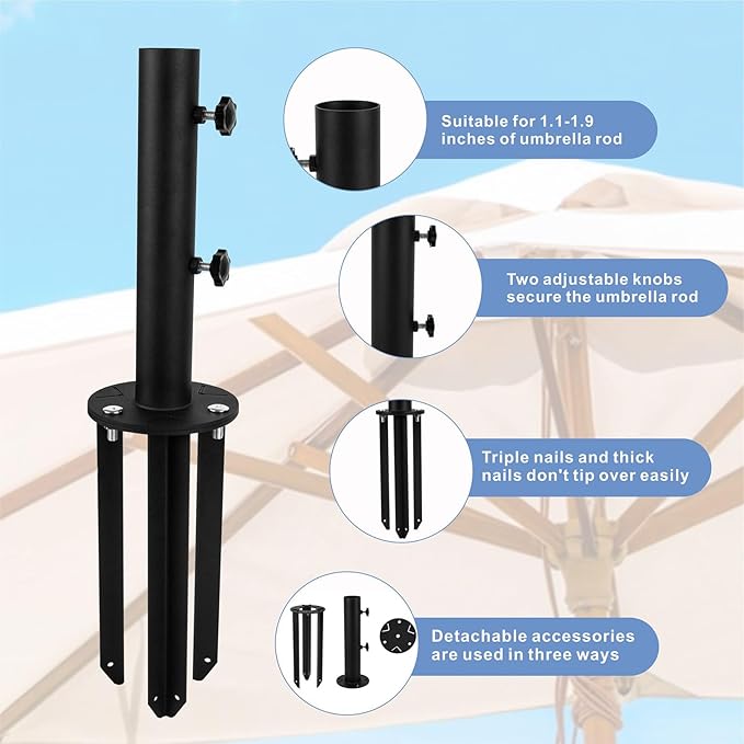Patio Umbrella Stand Base,Heavy Duty Outdoor Umbrella Holder,Metal Grass Umbrella Ground Stake, Steel Outdoor Umbrella Base for Decks,Patios,Lawn,Docks