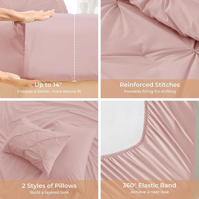 Sasttie Queen Comforter Set, 7-Piece Bed in a Bag, Pintuck Bedding Sets for All Season, Includes Comforter, Flat Sheet, Fitted Sheet, Pillowcases and Pillowshams, Rose Gold