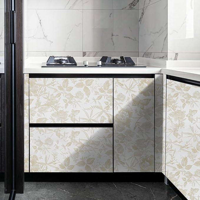 Drawer Liner Contact Paper for Dresser Peel and Stick Wallpaper Sketched Design 15.7x1000in Self Adhesive Removable Champagne Maroon Rose Floral Butterfly Vintage Cabinet Shelf Renter Friendly