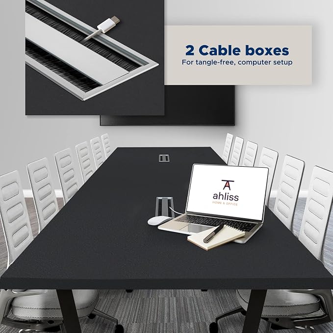 Sturdy Conference Table with Cable Management Grommets Modern Rectangle Office Meeting Table with Wood Tabletop and Metal Frame & Legs- Easy Assembly Boardroom Table (Black, 12 Foot)