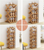 Foldable Shoe Rack, Bamboo Vertical Shoe Organizer Tall for Small Spaces. Multifunctional Narrow Shoe Shelf for Entryway, Closet, Corner, Bedroom, Hallway, Wood Color 4 Layers